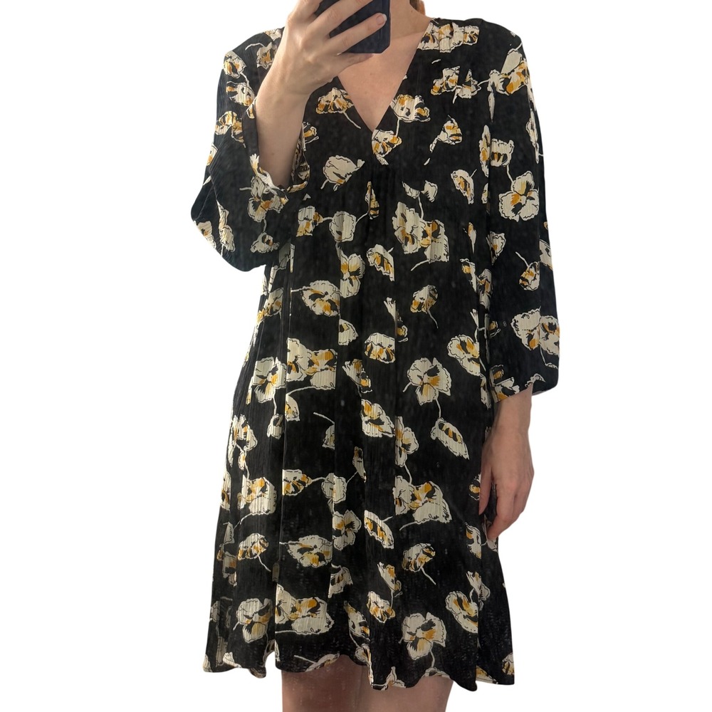 BA&SH Black Floral V-Neck 3/4 Sleeve Shift Mini Dress Size 1 Small Boho Viscose
